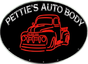 Pettie's Auto Body logo featuring a red neon outline of a classic pickup truck on an oval emblem with silver text, serving Athens, AL