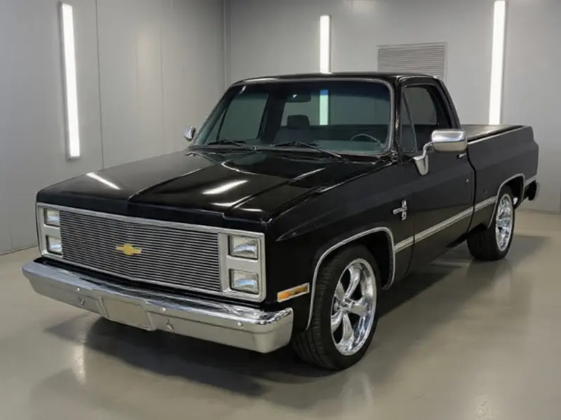 Glossy black Chevrolet square-body pickup with custom wheels displayed inside a paint booth.