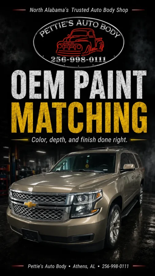 Promotional graphic reading “OEM Paint Matching” above a gold Chevrolet Tahoe at Pettie's Auto Body.