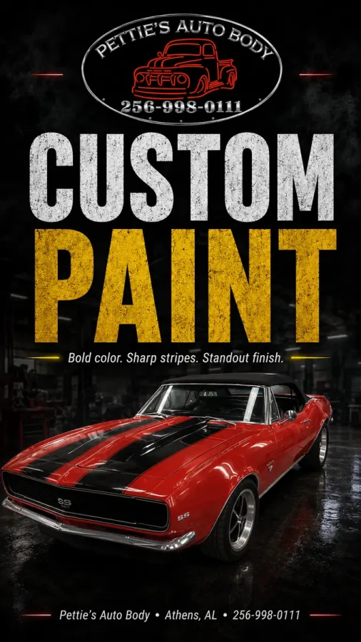 Promotional graphic reading “Custom Paint” above a red classic Camaro with black racing stripes.