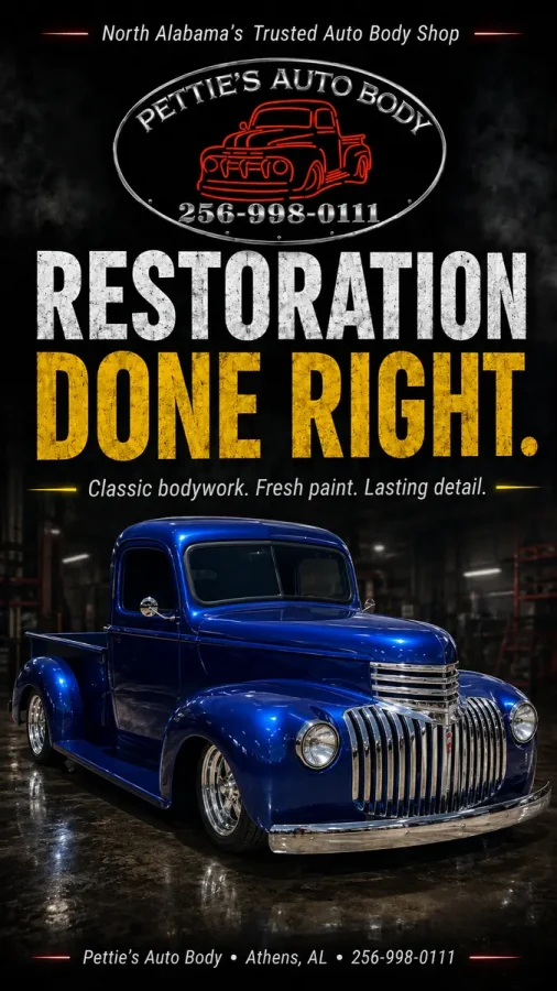 Promotional graphic reading “Restoration Done Right” above a restored blue classic Chevrolet truck.
