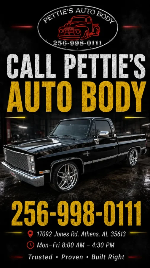 Pettie's Auto Body contact graphic with a black classic Chevrolet truck and phone number 256-998-0111.