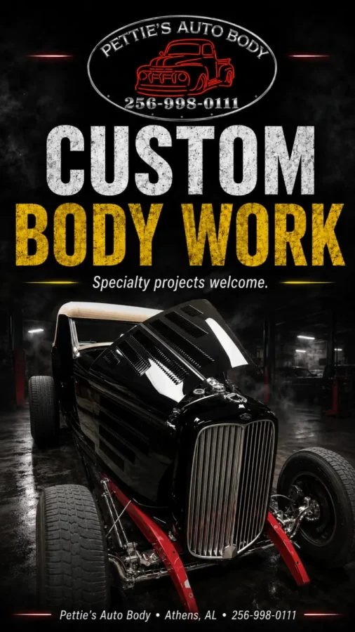 Promotional graphic reading “Custom Body Work” above a black hot rod at Pettie's Auto Body.