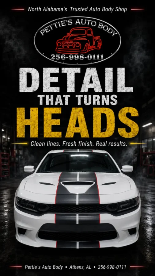 Promotional graphic reading “Detail That Turns Heads” above a white Dodge Charger with black racing stripes.