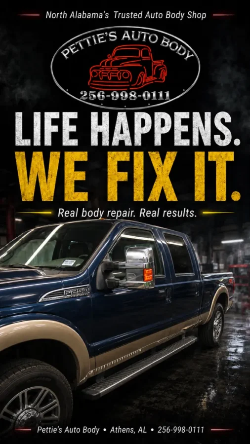 Promotional graphic reading “Life Happens. We Fix It.” above a repaired Ford Super Duty at Pettie's Auto Body.