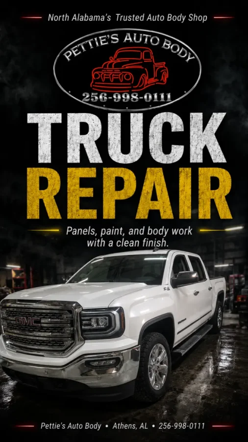 Promotional graphic reading “Truck Repair” above a white GMC Sierra repaired at Pettie's Auto Body.